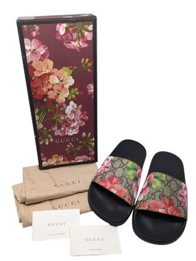 Gucci GG Web Supreme Bloom Floral Slide Sandals Size EU 38